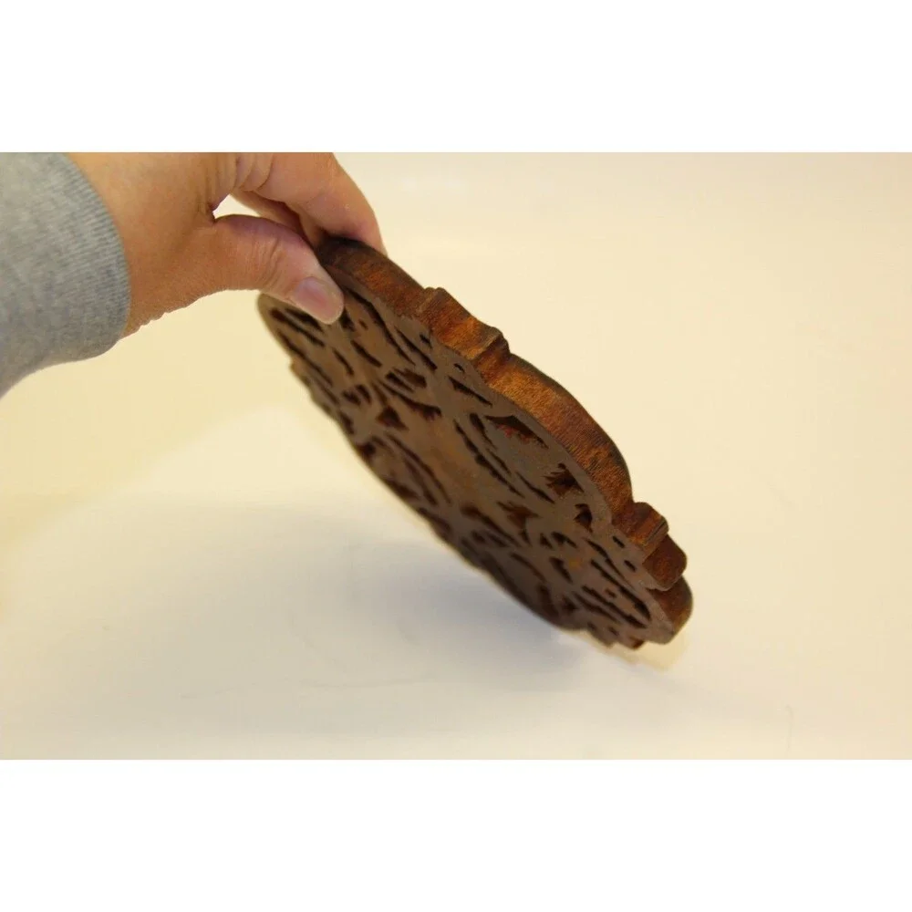 Vintage Boho India Hand Carved Wooden Trivet Decor Leaves Flower Mid-Century
